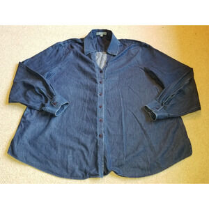 Womens Top-FOXCROFT-blue cotton chambray "shaped fit" button-up Classic ls-22W